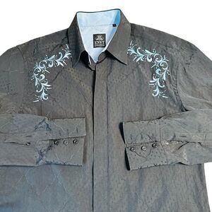 Envy Black button down with vivid blue embroidery